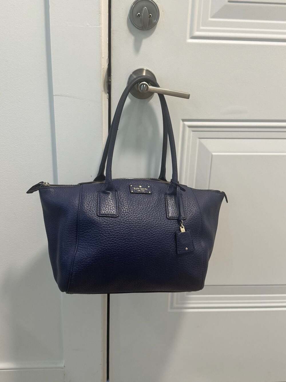 Kate Spade New York Blue Pebbled Leather Zip Top Tote Satchel Shoulder Bag